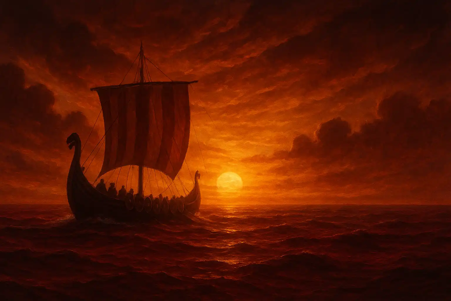 Norse longship sailing toward a golden horizon, representing the Norsewin brand